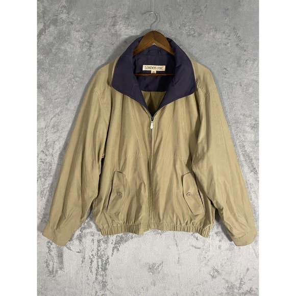 Vintage London Fog Jacket Mens Large Tan Navy Zip Up Harrington Bomber 90s Lined - Picture 1 of 14